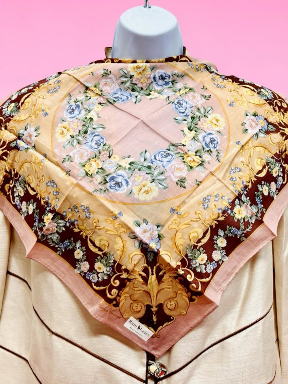 New Ralph Rauren  Mini Scarf/Necmkerchief  cotton /silk 19" borwn beige gold (90